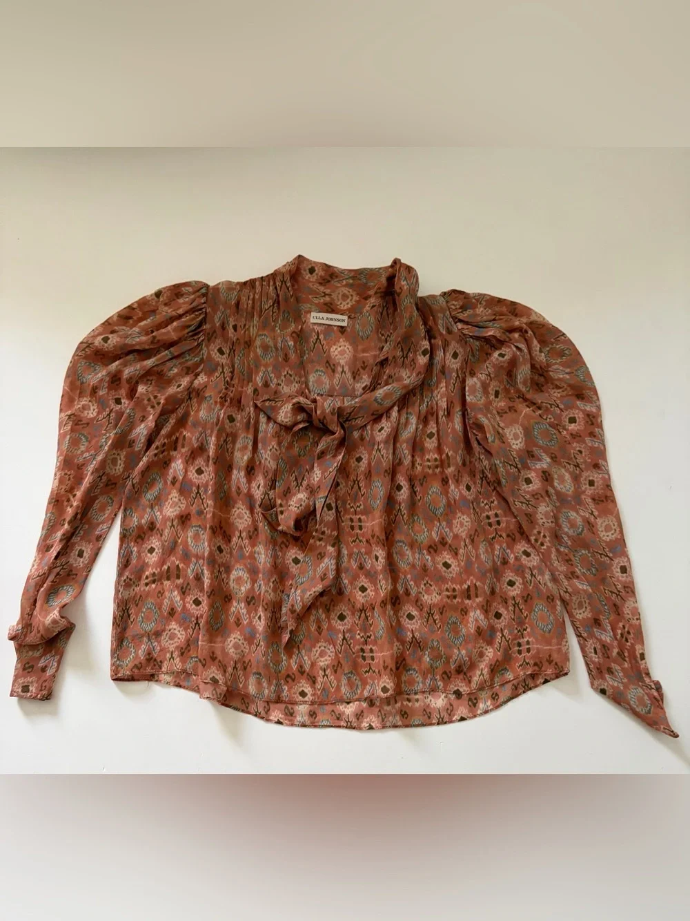 Ulla Johnson Rust Ikat Tie-Neck Blouse with Puff Sleeves